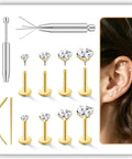 4 Pairs 16G Flat Back Stud Earrings Set in Hypoallergenic Surgical Steel With Four Sizes 2mm 3mm 4mm 5mm And Pin Lengths 6mm 6mm 7mm 8mm For Everyday Wear And All Day Comfort. Gold flat back studs with insertion tool and ear piercing guide