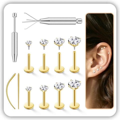 4 Pairs 16G Flat Back Stud Earrings Set in Hypoallergenic Surgical Steel With Four Sizes 2mm 3mm 4mm 5mm And Pin Lengths 6mm 6mm 7mm 8mm For Everyday Wear And All Day Comfort. Gold flat back studs with insertion tool and ear piercing guide