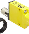 Mini Beam Photoelectric Sensor With Opposed Mode Receiver And 4 Pin Euro Style QD Connector Infrared LED 880 Nm 10 To 30 VDC Supply Bipolar NPN PNP Output 3 Meter Sensing Range Built Tough IP67 UL CSA CE Certified M18 Mount, yellow M18 sensor with lock ring