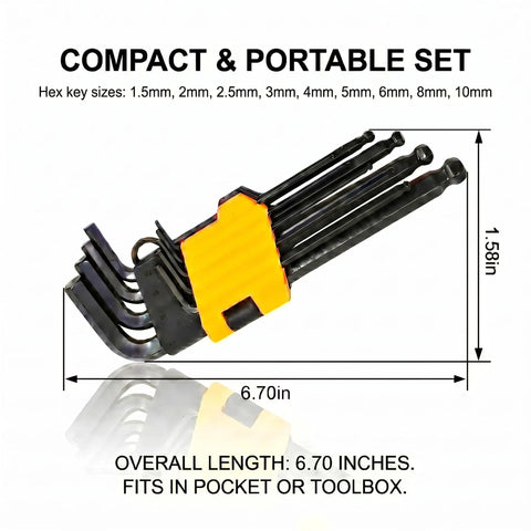 Premium Metric Allen Wrench Set Features Ball End Long Arm Hex Keys With Smooth Chamfered Tips For Tight Spaces And Quick Insertion In 9 Piece Tool Kit, 1.5-10mm in holder