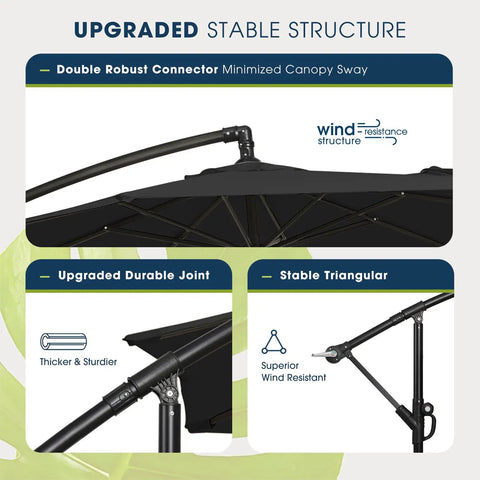 Upgraded structure of 10 Foot Patio Cantilever Umbrella With Sandbag Base Included, showing connectors and joints