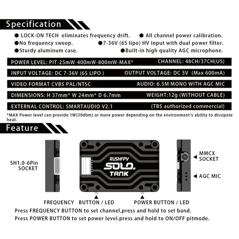 Specification details for 5.8G VTX Video Transmitter 1.6W High Power With Built In Microphone, Heat Dissipation Tech, Compact CNC Shell