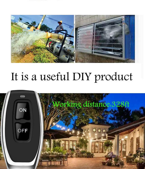 Wireless Remote Switch for 12V, 24V, 48V, and 72V Systems, 40A Relay, RF Control, shown next to water pump, fan, and outdoor lights.