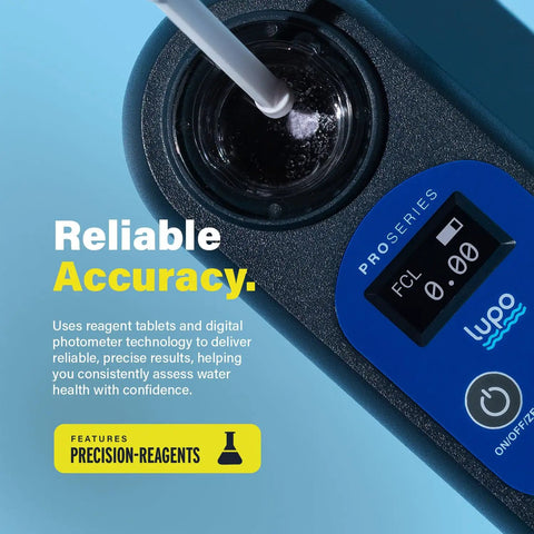 Digital Pool Test Kit For Swimming Pools Spas And Hot Tubs Delivers Dead On Results For PH Free Chlorine And Calcium Levels showing photometer with display and reagent tablet.
