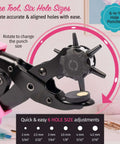 Leather Hole Punch Tool For Belts And Fabric Up To 5mm Thick, Multi Size Puncher, close-up of rotary head showing hole size options