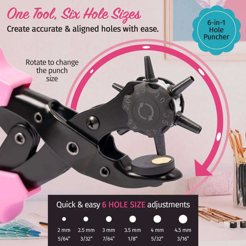 Leather Hole Punch Tool For Belts And Fabric Up To 5mm Thick, Multi Size Puncher, close-up of rotary head showing hole size options