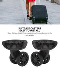 Luggage Wheel Replacement Set Of 2 Easy To Install Suitcase Caster Wheels shown with suitcase, made of durable ABS material.