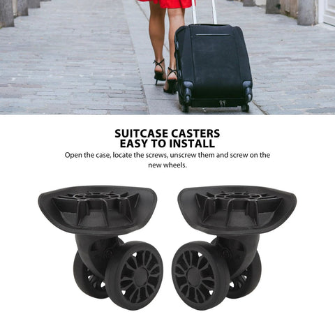 Luggage Wheel Replacement Set Of 2 Easy To Install Suitcase Caster Wheels shown with suitcase, made of durable ABS material.