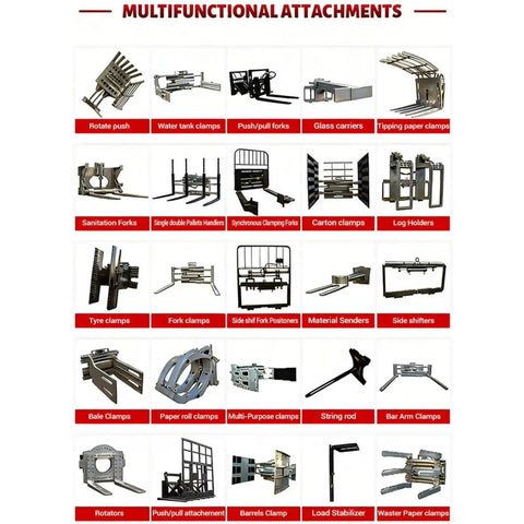 Various multifunctional attachments for Heavy Duty Electric Forklift High Capacity Pallet Lifter With Steel Mast.