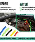 Premium Heavy Duty Vacuum Line Kit For Ford F-150 Trucks From 92 To 96 With 305 Windsor And 351W Engines Perfect Fix For Cracked Hoses To Get Your Ride Running Smooth Again Without The Hassle. Color-coded silicone hoses shown before and after install.