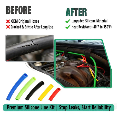 Premium Heavy Duty Vacuum Line Kit For Ford F-150 Trucks From 92 To 96 With 305 Windsor And 351W Engines Perfect Fix For Cracked Hoses To Get Your Ride Running Smooth Again Without The Hassle. Color-coded silicone hoses shown before and after install.
