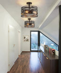Industrial Semi Flush Mount Ceiling Light With 3 Light Vintage Chandelier in black rustic metal fixture in modern hallway