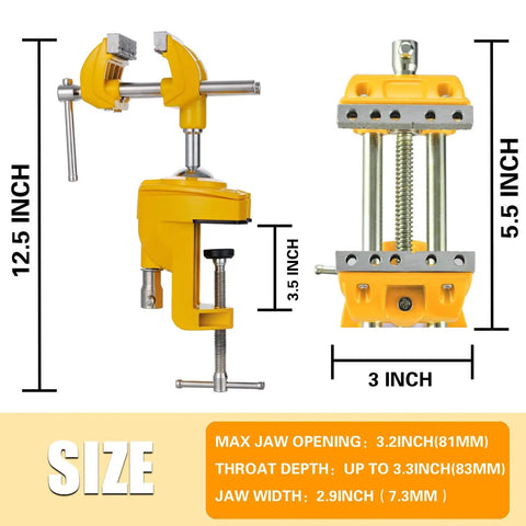 Tough As Nails Three Inch Heavy Duty Bench Vise With Rock Solid Steel Build And True Three Sixty Degree Swivel Base For Killer Multi Purpose Shop Clamping Accuracy showing measurements and features.