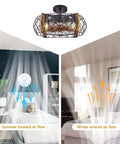 Farmhouse Caged Ceiling Fan With Light, 17 Inch Bladeless Ceiling Fan With Remote, 6 Speeds, showing summer and winter air flow modes