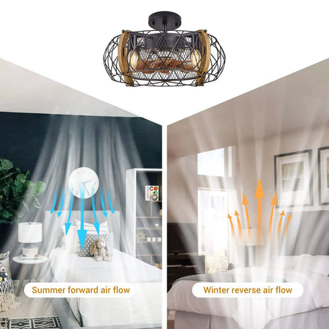 Farmhouse Caged Ceiling Fan With Light, 17 Inch Bladeless Ceiling Fan With Remote, 6 Speeds, showing summer and winter air flow modes