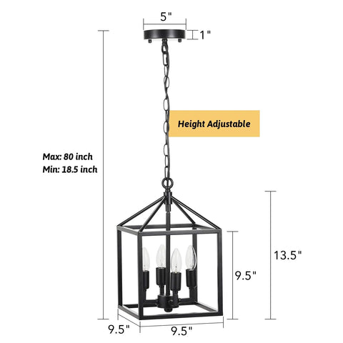 Black Farmhouse Chandelier 4 Light Industrial Lantern Chandelier Metal Frame Rustic Cage Pendant Light Fixture for Kitchen