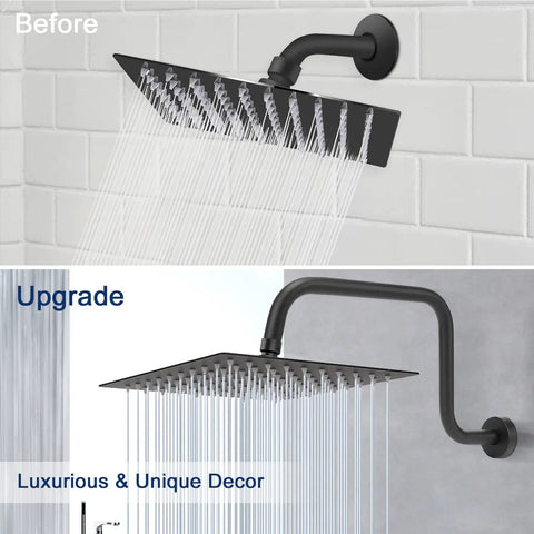Before and after of S Shape Stainless Steel Shower Extension Arm With Flange Built To Last, 16 Inch High Rise Shower Head Extender Pipe One Half Inch Horizontal Connection Matte Black Easy Clean Bathroom Accessory