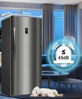 Heavy Duty Stainless Steel Upright Freezer Frost Free With LED Display And Rapid Cool For Garages Or Kitchens 21 Cu Ft Convertible Refrigerator with size details in living room.