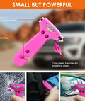 Pink Car Emergency Kit For Women And Teens, showing pink rescue tool with hammer, rope cutter, and instructions for use