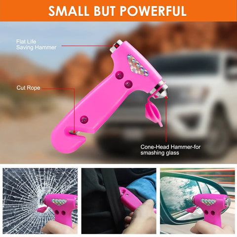 Pink Car Emergency Kit For Women And Teens, showing pink rescue tool with hammer, rope cutter, and instructions for use