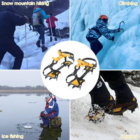 Grippy Anti Slip Ice Crampons with 10 Teeth Stainless Steel Snow Grips for hiking, climbing, fishing, and jogging on ice and snow.