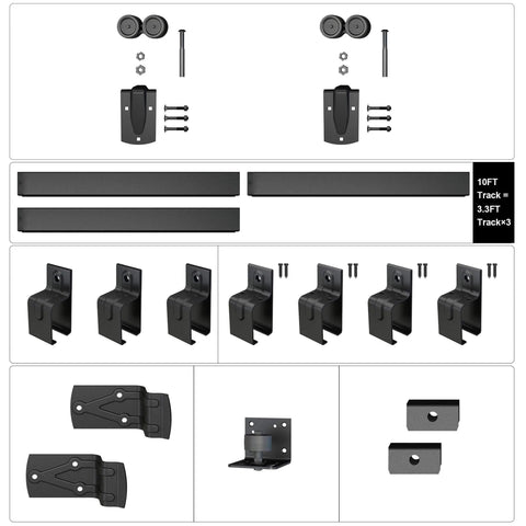 10 Ft Heavy Duty Box Rail Exterior Sliding Barn Door Hardware Kit, 450 Lb Capacity, Black Powder Coated Finish components