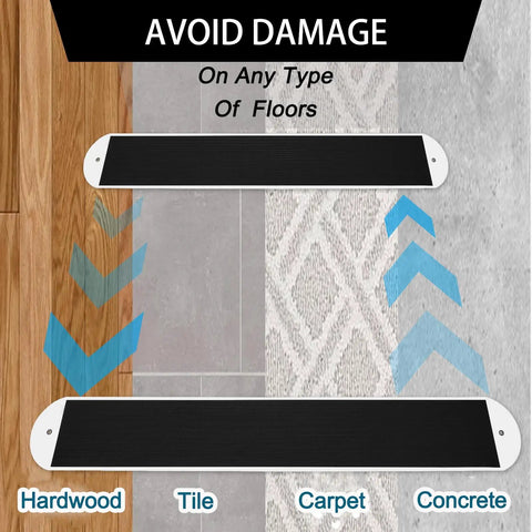 Heavy Duty Appliance And Furniture Sliders Set, 2 Large Sliding Sheets With Pull Straps Shown on Hardwood, Tile, Carpet, Concrete