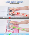 Comparison of typing posture with and without Ergonomic Keyboard Wrist Rest Stand for Desktop With Tilted Riser And Comfy Wrist Pad