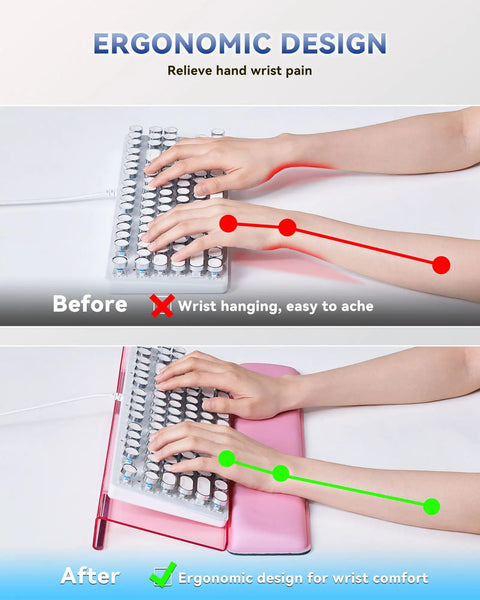 Comparison of typing posture with and without Ergonomic Keyboard Wrist Rest Stand for Desktop With Tilted Riser And Comfy Wrist Pad