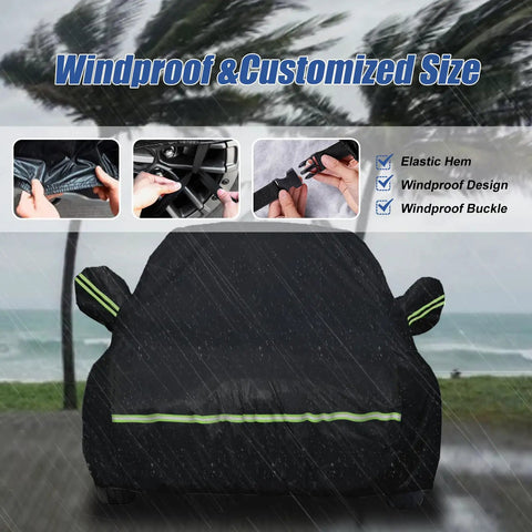 Heavy Duty Waterproof Car Cover For Your Classic Beetle Bug 1960 To 1980 2 Door Sedan Up To 167 Inches Long With 210T High Density Polyester Taffeta All Weather Outdoor Protection showcasing windproof design, elastic hem, and buckle in stormy weather.