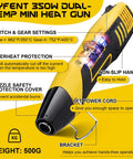 BossLevel Sweet 600Pcs Heat Shrink Tubing Bundle Paired With 350W TwoTemp Mini Heat Gun showing features and safety measures.