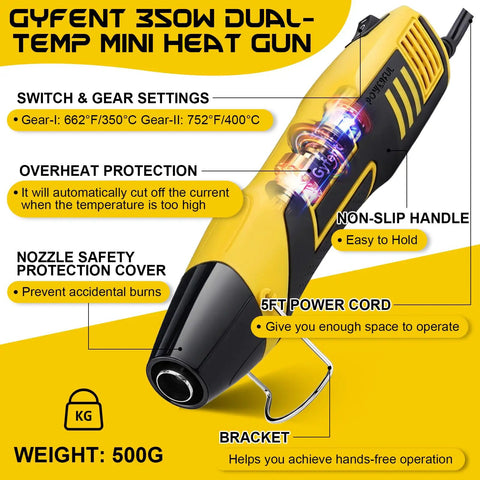 BossLevel Sweet 600Pcs Heat Shrink Tubing Bundle Paired With 350W TwoTemp Mini Heat Gun showing features and safety measures.