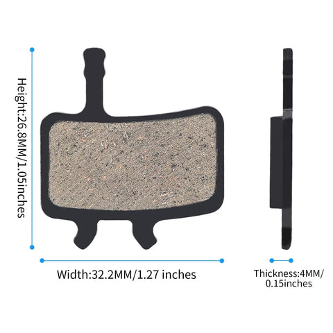 Four Pairs Bike Disc Brake Pads Kit With Three Handy Tools For Quick Install showing pad dimensions in inches and mm.
