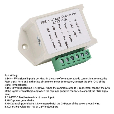 PWM To Voltage Module For Industrial Automation, 0-10V Analog Output, showing wiring ports and connection details.