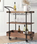 No Sweat Solid Three Tier Industrial Storage Serving Cart With Smooth Rollers Multifunctional Kitchen Bar Trolley For Home Rustic Wood And Metal Rolling Rack Vintage Brown with glasses and bottles.