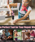 Woman using a Dope Pink Cordless Drill Set For Gals to assemble wood furniture, showcasing its lightweight design and dual speed trigger.