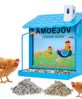 Top Shelf Metal Chicken Grit And Oyster Shell Feeder For Backyard Hens with blue design, filled with grit and oyster shell.