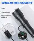 Rechargeable 100000 Lumen LED Flashlight for Camping With USB charging, linked to power adapter, focus on charging features.