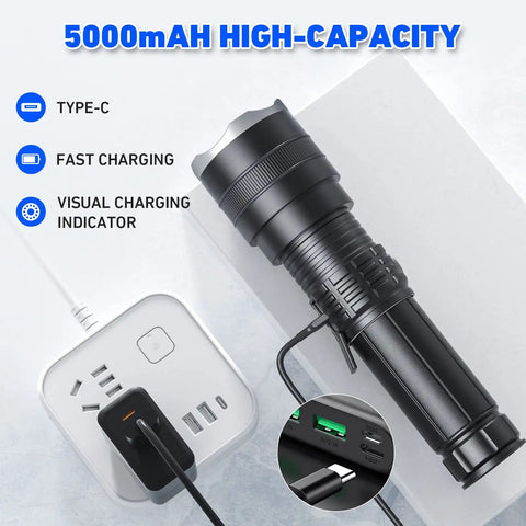 Rechargeable 100000 Lumen LED Flashlight for Camping With USB charging, linked to power adapter, focus on charging features.