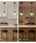 Karjera Black Pendant Lights Kitchen Island, Ribbed Concrete Hanging Light over a modern kitchen island with bar stools.