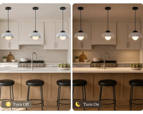 Karjera Black Pendant Lights Kitchen Island, Ribbed Concrete Hanging Light over a modern kitchen island with bar stools.