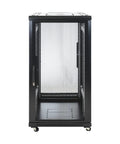 Heavy Duty 22U Network Server Rack Cabinet Ready To Roll With Pre Assembled Vented Doors And Thumb Locks For Serious Computer And Tech Gear Setup Black solid cabinet with mesh doors.