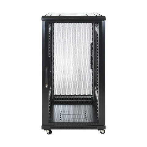 Heavy Duty 22U Network Server Rack Cabinet Ready To Roll With Pre Assembled Vented Doors And Thumb Locks For Serious Computer And Tech Gear Setup Black solid cabinet with mesh doors.