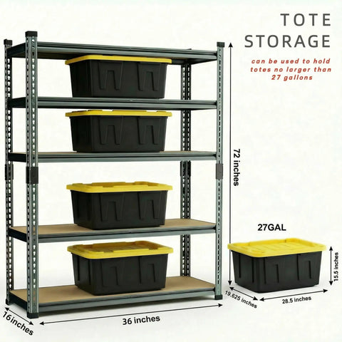 Beefy Five Tier Garage Shelving Unit With 2450 Lb Total Capacity And Adjustable Shelves, showing totes on shelves