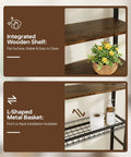 4-Tier Over The Toilet Storage Rack With One-Piece Wood Shelves And Open Net Basket, Space-Saving Bathroom Organizer, brown finish.
