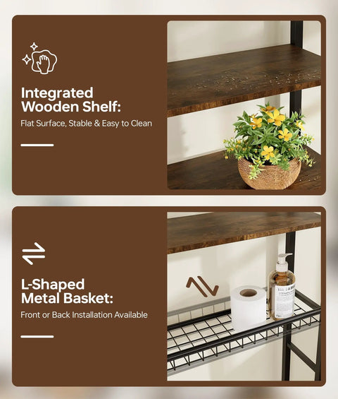 4-Tier Over The Toilet Storage Rack With One-Piece Wood Shelves And Open Net Basket, Space-Saving Bathroom Organizer, brown finish.