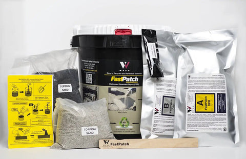 Rapid Concrete Repair Kit Polymeric Patch 5 Gallon Open To Traffic Fast Odorless 100 Percent Solids Freeze Thaw Resistant Indoor Outdoor Use Heavy Duty Patch That Bonds Strong And Holds Up with components displayed