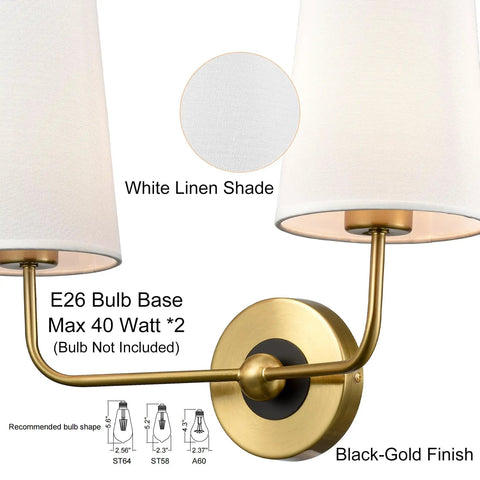 Modern Gold Wall Sconce With Fabric Shade Two Light Brushed Brass Vanity Bath Light For Bedroom Hallway Living Room Decor