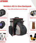 Heavy Duty Welding Tool Backpack With Helmet Catch And Lunch Box Extra Large Capacity Gear Bag For Auto Darkening Helmets Tools And Safety Gear On The Job Site displayed with helmets, tools, and gear.