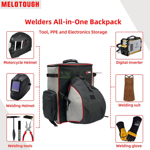 Heavy Duty Welding Tool Backpack With Helmet Catch And Lunch Box Extra Large Capacity Gear Bag For Auto Darkening Helmets Tools And Safety Gear On The Job Site displayed with helmets, tools, and gear.
